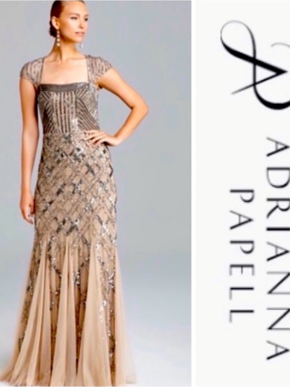 Adrianna Papell Champagne Beaded Cap-Sleeve Evening Gown Size 10